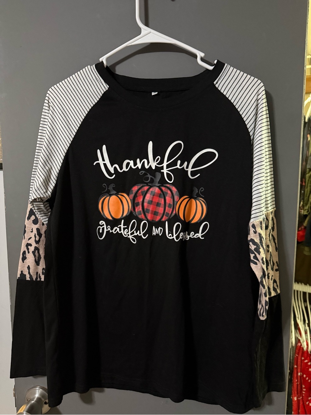 Thankful Plaid Pumpkin Long Sleeve Raglan Top - Black